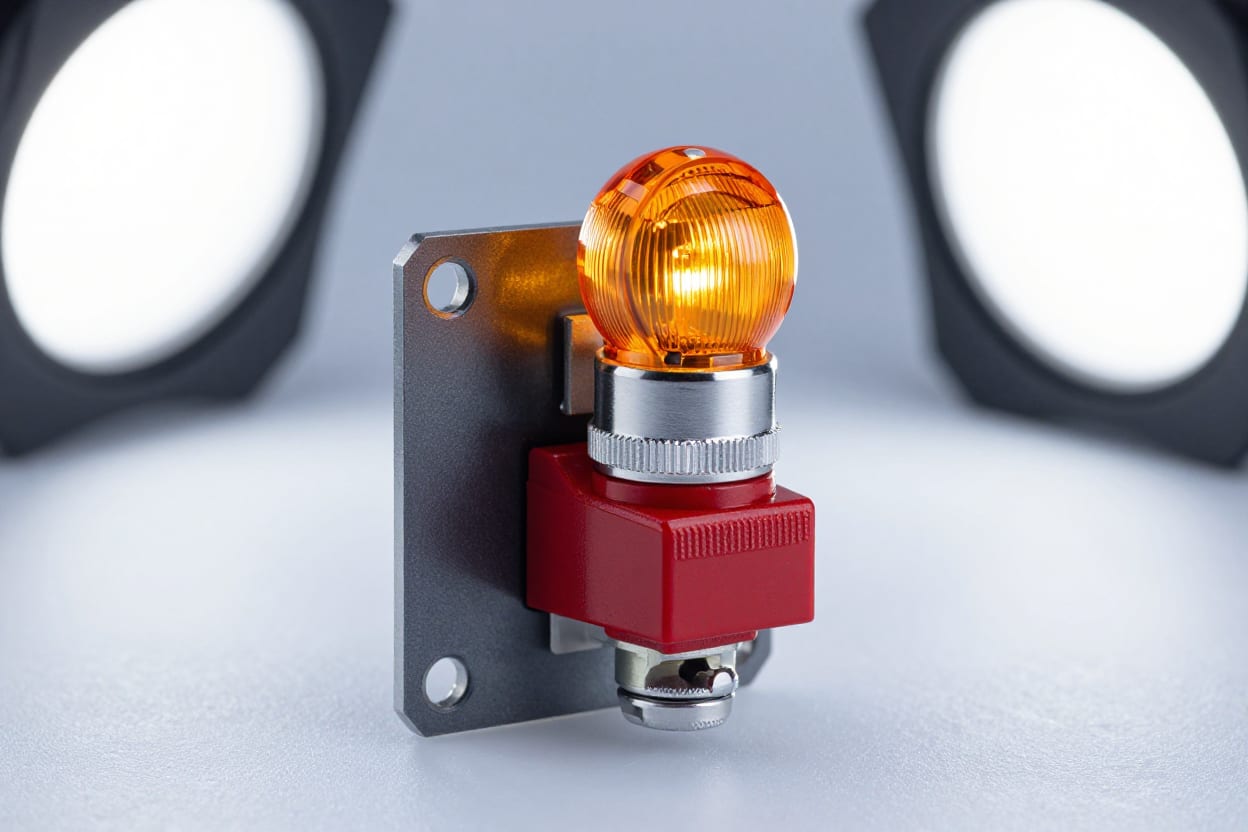 Red rocker switch and lit amber indicator lamp on a graphite panel